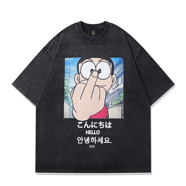 Vintage Black Hello Doraemon Character Printing TEE (0617)
