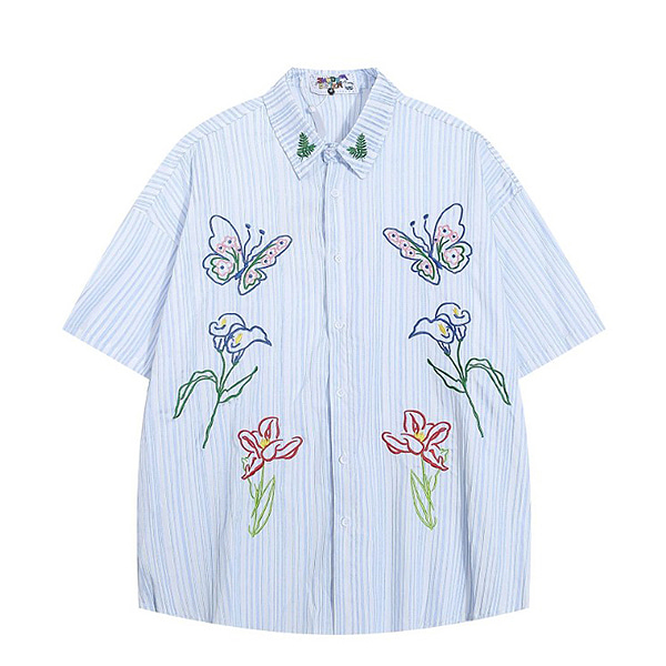 Blue Stripe Butterfly Flower Embroidery 1/2 Shirt (0934)